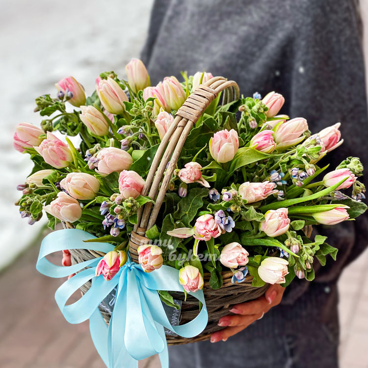 Корзина розовых тюльпанов с оксипеталумом (крупный план)